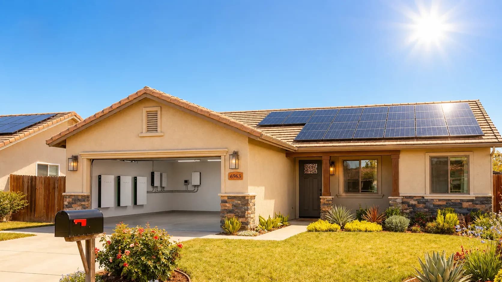 Suburban home with solar panels on the roof, open garage showing energy storage units. Bright sunny day, neat lawn, and colorful flowers in the foreground.
